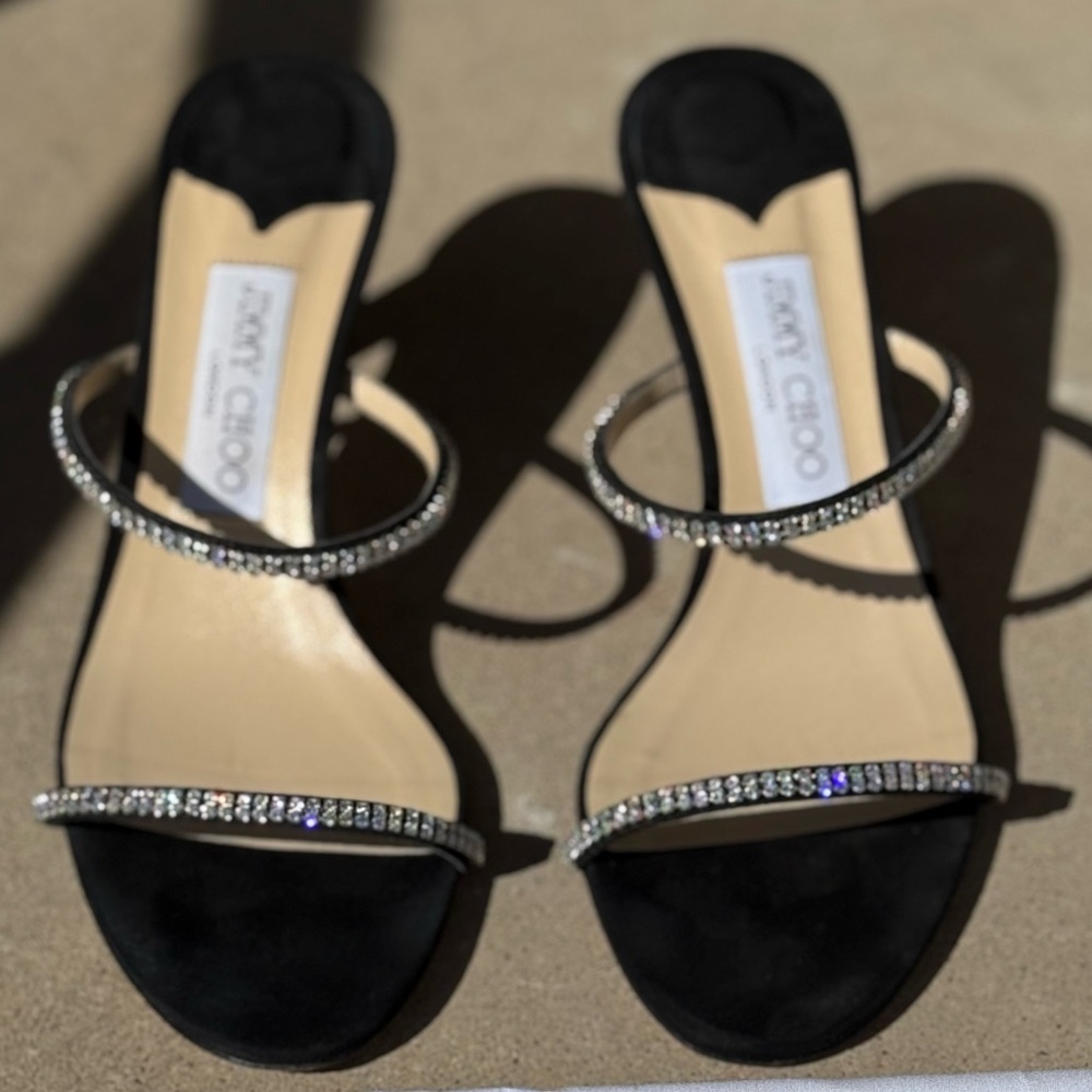 Jimmy Choo Black Heels with Rhinestone Straps